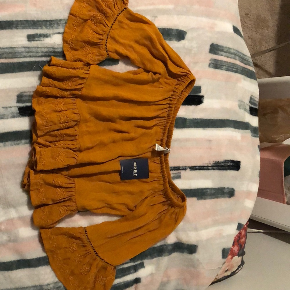 Woven off the shoulder top, mustard color.